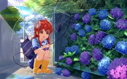  1girl absurdres ahoge bag black_tail blue_flower blue_shirt blue_skirt boots buttoned_cuffs buttons chain-link_fence clouds curled_horns day demon_girl demon_tail fang fence flower frog highres hiromu_(hiromu920142372) holding holding_umbrella horns hydrangea lilith_(machikado_mazoku) lilith_(statue)_(machikado_mazoku) long_hair looking_at_animal machikado_mazoku open_mouth outdoors plaid_clothes plaid_skirt puddle purple_flower rainbow red_hair red_ribbon ribbon rubber_boots sailor_collar scenery school_bag school_uniform shirt short_sleeves shoulder_bag sidelocks skin_fang skirt solo squatting tail transparent transparent_umbrella tree umbrella white_sailor_collar yellow_boots yellow_eyes yoshida_yuuko 