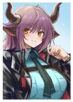 1girl 3_(sanyako1) :3 animal_ears arknights bangs black_jacket blue_background blue_shirt blush border breast_pocket breasts brown_eyes closed_mouth collared_shirt cow_ears cow_girl cow_horns eyebrows_visible_through_hair gradient gradient_background green_necktie highres horns jacket large_breasts long_sleeves necktie open_clothes open_jacket pocket purple_hair shirt short_hair sideroca_(arknights) smile solo upper_body white_border 