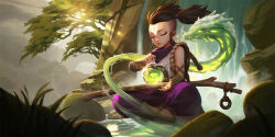  1girl boots brown_boots brown_hair character_request closed_eyes closed_mouth commentary crossed_legs dao_trong_le dragon energy_ball english_commentary eyelashes facial_mark forehead_mark glowing grass highres league_of_legends legends_of_runeterra lips moss official_art outdoors pants purple_pants rock rope shirt sidelocks sitting sleeveless sleeveless_shirt sunlight tree twintails undercut water waterfall white_shirt 