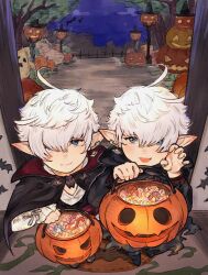  1boy 1girl :d absurdres ahoge alisaie_leveilleur alphinaud_leveilleur alternate_costume black_cape blue_eyes bucket candy cape claw_pose elezen elf fang final_fantasy final_fantasy_xiv food halloween halloween_bucket halloween_costume highres holding holding_bucket hutaba_0718 looking_at_viewer pointy_ears skin_fang smile trick_or_treat white_hair 