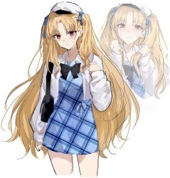  1girl arm_at_side bag beret biting_own_lip black_bow black_bowtie blonde_hair blue_dress blue_ribbon blush bow bowtie casual closed_mouth collared_jacket cropped_legs curtained_hair dress ereshkigal_(fate) fate/grand_order fate_(series) forehead hair_ribbon hands_up hat highres holding holding_own_hair jacket light_blush long_hair long_sleeves looking_at_viewer microdress middle_part mixed_signals multiple_views nekwnek nervous nervous_sweating nose_blush official_alternate_costume open_clothes open_jacket plaid_clothes plaid_dress puffy_long_sleeves puffy_sleeves raised_inner_eyebrows red_eyes ribbon shoulder_bag simple_background sleeves_past_wrists split_mouth standing sweat sweatdrop two_side_up unmoving_pattern very_long_hair w_arms white_background white_hat white_jacket 