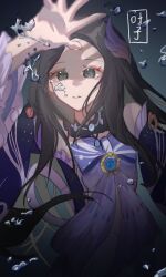  1girl absurdres animification arm_up bare_shoulders bow brown_eyes brown_hair bubble choker cosplay detached_sleeves dress english_commentary english_text frilled_sleeves frills genshin_impact hair_ornament highres japanese_clothes kanako_(fuwachu) lace-trimmed_choker lace_trim long_hair long_sleeves looking_at_viewer parted_lips risa_mei sangonomiya_kokomi sangonomiya_kokomi_(cosplay) shadow sidelocks solo underwater very_long_hair voice_actor voice_actor_connection wide_sleeves 