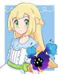  1girl bangs blonde_hair border braid closed_mouth commentary_request cosmog dress eyelashes green_eyes happy heart highres lillie_(pokemon) long_hair looking_to_the_side nana-sapphy outside_border pokemon pokemon_(anime) pokemon_(creature) pokemon_journeys short_sleeves simple_background smile sparkle split_mouth white_border white_dress 