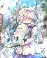  1girl ^_^ animal apron bird blue_skirt blue_sky blue_vest blush closed_eyes colored_eyelashes commentary conifer forest grey_hair hat highres holding holding_animal letty_whiterock long-tailed_tit long_sleeves nature outdoors oversized_animal scarf shirt short_hair skirt sky smile solo sunlight tit_(bird) touhou tree vest waist_apron white_apron white_hat white_scarf white_shirt yamano_koucha 