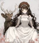  1girl bangs black_hair commentary_request deer dress flower green_eyes head_wreath highres horns jewelry long_hair looking_at_viewer necklace original parted_lips pearl_necklace sayosny2 skirt_hold wedding_dress white_dress 