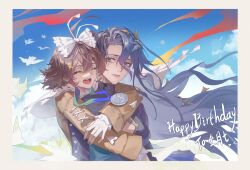  2girls ^_^ absurdres athletic_leotard behind_another black_hair blue_eyes blue_leotard blue_sky border bow brown_hair brown_jacket cape closed_eyes clouds cloudy_sky floating_hair flutterpage hair_between_eyes hair_bow happy_birthday highres hug hug_from_behind jacket leotard long_hair long_sleeves looking_at_another looking_to_the_side multiple_girls open_mouth relws reverse:1999 short_hair silver_medal simple_bird sky teeth tongue upper_body very_long_hair white_border white_bow white_cape willow_(reverse:1999) 