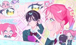  2girls alien_stage beamed_eighth_notes black_bow black_bowtie black_hair black_jacket blazer blush bow bowtie commentary diagonal-striped_bow diagonal-striped_bowtie diagonal-striped_clothes english_commentary food-themed_hair_ornament glasses hair_ornament hair_scrunchie hairband heart heartbeat highres jacket mewpooo_ii mizi_(alien_stage) multiple_girls musical_note official_alternate_costume peach_hair_ornament pink_hair ponytail purple_scrunchie round_teeth school_uniform scrunchie short_ponytail spoken_musical_note star_(symbol) star_hair_ornament striped_bow striped_bowtie striped_clothes sua_(alien_stage) teeth twintails violet_eyes white_hairband yellow_eyes 