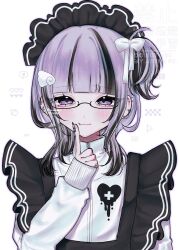  1girl aegyo_sal angel_wings_hair_ornament apron black_headdress black_nails blunt_bangs blush bow commentary ear_piercing finger_to_face frilled_apron frilled_headwear frills glasses hair_bow high_collar highres index_finger_raised jacket jersey_maid long_hair maid multicolored_hair one_side_up original piercing purple_hair semi-rimless_eyewear sleeves_past_wrists solo spiked_ear_piercing straight-on streaked_hair symbol-only_commentary unconventional_maid upper_body violet_eyes white_background white_bow white_jacket xx_raruko yami_kawaii 