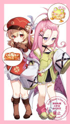  2girls aino_(genshin_impact) asymmetrical_legwear bandaid bandaid_on_leg blonde_hair boots border brown_boots brown_gloves closed_mouth coat dress full_body genshin_impact gloves green_slippers hair_between_eyes highres klee_(genshin_impact) long_hair long_hair_between_eyes long_sleeves looking_at_viewer mismatched_legwear multiple_girls open_clothes open_coat pink_border pink_hair pink_socks pointy_ears red_dress red_eyes short_hair slippers socks standing uneven_legwear violet_eyes white_background white_coat white_socks yu_ri_0320 