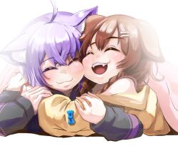  2girls animal_ear_fluff animal_ears black_hoodie blush bone_hair_ornament brown_hair cat_ears cat_girl closed_eyes dog_ears dog_girl fangs hair_ornament hololive hood hoodie hug inugami_korone inugami_korone_(1st_costume) jacket kajimakoto koro looking_at_viewer multiple_girls nekomata_okayu nekomata_okayu_(1st_costume) open_mouth purple_hair smile virtual_youtuber white_background yellow_jacket 