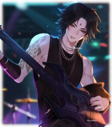  1boy arm_tattoo bandaged_arm bandages bass_guitar black_hair black_nails black_pants black_shirt face_piercing facial_mark forehead_mark genshin_impact green_hair highres holding holding_bass_guitar holding_instrument illa_ohara instrument jewelry male_focus mouth_piercing multicolored_hair necklace pants piercing shirt solo streaked_hair tattoo xiao_(genshin_impact) yellow_eyes 