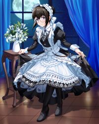  1girl absurdres alternate_costume apron back_bow belt bespectacled black_boots black_hair blue_eyes blue_gemstone boots bow breasts brooch brown_belt closed_mouth commission commissioner_upload curtains curtsey enmaided floor flower flower_pot full_body full_moon gem glasses grey_ribbon hair_bow hair_bun hair_up high_heel_boots high_heels highres idolmaster idolmaster_cinderella_girls indoors jewelry juliet_sleeves key knee_boots lace-up_boots light_blush lily_(flower) long_sleeves looking_at_viewer maid maid_apron maid_headdress medium_breasts moon night night_sky official_alternate_costume official_alternate_hairstyle puffy_sleeves round_eyewear sagisawa_fumika single_hair_bun skirt_hold sky smile solo star_(sky) table utsukushiki_soutei_itoshiki_kotoba_(idolmaster) wanderstillart white_apron white_bow window 