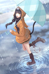  1girl :d absurdres animal_ears animal_hood asakura_karen_(heaven_burns_red) black_hair black_socks blue_umbrella blunt_bangs blurry blurry_background boots brown_skirt cat cat_ears cat_tail frilled_skirt frills full_body hair_ornament heaven_burns_red highres holding holding_umbrella hood hood_up hooded_jacket hoodie jacket kepekki_kanojo knee_boots kneehighs layered_skirt leg_up long_hair long_sleeves looking_at_viewer low_twintails miniskirt on_head open_mouth orange_hoodie outdoors pleated_skirt puddle rain ripples rubber_boots skirt smile socks solo standing standing_on_liquid standing_on_one_leg tail twintails umbrella walking water yellow_eyes 