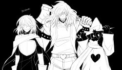  1boy 1girl 1other 2018 2d :| ambiguous_gender animal_ears anthro armlet armor arms_at_sides axe black_background bodysuit cape copyright_name deltarune digital_media droopy_ears fangs female floppy_ears furry furry_male gauntlets glasses goat goat_boy hair_over_eyes hat high_contrast highres holding holding_axe holding_weapon horns human jacket kris_(dark_world)_(deltarune) kris_(deltarune) lizard lizard_girl long_hair male monochrome monster monster_girl pants pink_scarf ralsei ralsei_(hat) reptile reptile_girl robe round_eyewear scalie scarf sharp_teeth short_hair simple_background sleeveless sleeveless_jacket spiked_armlet straight-on susie_(dark_world)_(deltarune) susie_(deltarune) teeth text trio under_mizo utdr_(toby_fox) weapon wizard_hat 