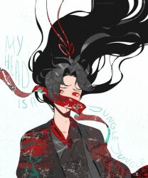  1boy artist_name black_hair black_hanfu black_robe blood blood_from_mouth blood_on_clothes bow chinese_clothes color_contrast covered_mouth english_text floating_hair hair_bow hair_ribbon hanfu highres long_hair looking_at_viewer male_focus mask masyanajoy modao_zushi mouth_mask red_eyes red_ribbon red_robe ribbon robe simple_background solo upper_body very_long_hair wei_wuxian wei_wuxian_(yiling_laozu) white_background 