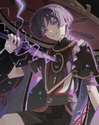  1boy arm_up black_background chinese_commentary drawing_sword electricity evil_grin evil_smile eyeliner from_above genshin_impact grin hair_between_eyes hat head_tilt highres holding holding_sword holding_weapon human_scabbard japanese_clothes jingmodeyilisen katana knee_up leaning_to_the_side looking_at_viewer makeup musou_isshin_(genshin_impact) powering_up purple_hair red_eyeliner scaramouche_(genshin_impact) shade short_hair short_sleeves smile solo sword teeth upper_body violet_eyes weapon wide_sleeves 