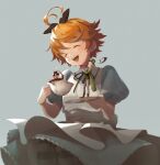  1girl :d ^_^ absurdres apron awarin black_bow blue_shirt blue_skirt bow brown_hair closed_eyes cup emma_(yakusoku_no_neverland) hair_bow head_tilt highres holding holding_cup norman_(yakusoku_no_neverland) open_mouth pantyhose ray_(yakusoku_no_neverland) shiny shiny_hair shirt short_hair short_sleeves sitting skirt smile solo striped striped_legwear teacup white_apron yakusoku_no_neverland 