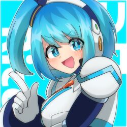  1girl :d aqua_background aqua_eyes aqua_hair artist_name blush character_name headset highres index_finger_raised looking_at_viewer mega_man_(series) mega_man_x_(series) mega_man_x_dive rico_(mega_man) short_hair side_ponytail smile solo upper_body van00278 