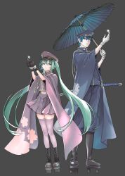 1boy 1girl aqua_hair black_background black_boots black_gloves black_shoes blue_eyes blue_hair blue_hat blue_jacket blue_pants boots brown_eyes closed_mouth commentary_request eyeshadow full_body gloves hair_between_eyes hat hatsune_miku highres holding holding_umbrella jacket kaito kaito_(vocaloid) long_hair long_sleeves makeup official_art oil-paper_umbrella pants pink_hat pink_jacket pink_skirt pink_thighhighs pleated_skirt red_eyeshadow sanka_kumaru senbon-zakura_(vocaloid) senbonzakura_(vocaloid) shoes skirt smile thigh-highs twintails umbrella very_long_hair vocaloid white_gloves wide_sleeves