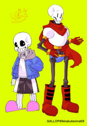  2023 2boys 2d armor artist_logo artist_name black_shorts blue_jacket blue_shorts boots brothers cape dated digital_media duo full_body gloves green_background grey_hood hand_in_pocket hand_on_own_hip height_difference hollow_eyes hood hood_down hooded_jacket humanoid ikkakutenma jacket male male_focus male_only monster monster_boy multiple_boys open_clothes open_jacket papyrus_(undertale) pink_slippers red_boots red_cape red_gloves sans_(undertale) shirt shorts siblings side-by-side simple_background single_vertical_stripe skeleton slippers socks standing striped_shorts teeth twitter_username undead undertale utdr_(toby_fox) vertical-striped_clothes vertical-striped_shorts white_armor white_shirt white_socks white_stripes 