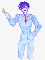  1boy antenna_hair blush bossman_hero colored_skin danmuji_07 hand_on_own_hip hero_(headspace)_(omori) hero_(omori) highres looking_at_viewer male_focus necktie omori open_mouth pants pinstripe_pants pinstripe_pattern pinstripe_suit purple_hair red_necktie sharp_teeth short_hair snapping_fingers solo suit teeth white_eyes white_skin 