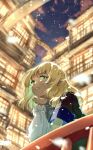  1girl arm_warmers bangs blonde_hair blue_sky blurry blurry_background bridge brown_shirt closed_mouth clouds cloudy_sky commentary_request eyebrows_visible_through_hair green_eyes grey_scarf hand_on_own_face hand_up house light looking_at_viewer looking_down mizuhashi_parsee pisces_2355 pointy_ears purple_sky scarf shadow shirt short_hair short_sleeves sky snowing solo standing t-shirt teeth touhou window 