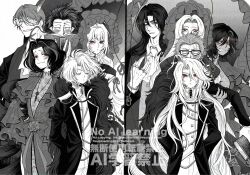  4boys 5girls :3 ahoge angry aristocratic_clothes arms_behind_back ascot black_coat black_hair blush bonnet breast_ribbon cape cassetti_(project_moon) cheekbones closed_eyes coat collared_shirt curiambro_(project_moon) don_quixote_(project_moon) dress drill_hair dulcinea_(project_moon) eyeshadow facing_viewer feather_boa frilled_bonnet frilled_headwear frilled_umbrella frills fur_cape glasses gregor_(project_moon) grey_eyeshadow hair_slicked_back height_difference highres holding holding_umbrella jacket jewelry la_manchaland_(identity)_(project_moon) lapels limbus_company long_hair long_sleeves looking_at_another looking_at_viewer makeup mask masquerade_mask meursault_(project_moon) multicolored_hair multiple_boys multiple_girls nicolina_(project_moon) notched_lapels one_eye_closed outis_(project_moon) parasol parted_bangs partially_colored peeking project_moon reading red_eyes ring rodion_(project_moon) sancho_(project_moon) sash shirt short_hair signature simple_background smile smug stole streaked_hair trait_connection twin_drills twintails umbrella vampire very_long_hair vtvsqazjjguhfrd watermark white_ascot white_background white_shirt 