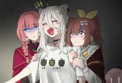  3girls ahoge animal_ear_piercing animal_ears black_choker blue_eyes choker grabbing_another&#039;s_arm grey_hair hair_between_eyes highres hololive inugami_korone inugami_korone_(street) karakr_shin laughing lion_ears lion_girl long_hair long_sleeves multiple_girls neck_ribbon official_alternate_costume official_alternate_hairstyle pink_hair red_ribbon ribbon scared shirt shishiro_botan shishiro_botan_(midnight_convenience_store) sidelocks takane_lui takane_lui_(casual) turn_pale virtual_youtuber walrus white_shirt 