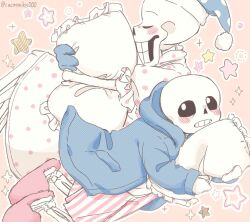  2024 2boys 2d artist_name back-to-back blue_coat blue_hat brothers cacaonibs00 closed_eyes coat digital_media hat height_difference holding holding_pillow hood hood_down hooded_coat humanoid male male_focus male_only monster monster_boy multiple_boys nightcap orange_background pajamas papyrus_(undertale) pillow pillow_hug pink_slippers pink_stripes polka_dot_hat polka_dot_pajamas puffy_short_sleeves puffy_sleeves revision sans_(undertale) shirt shorts siblings simple_background skeleton slippers sparkle star_(symbol) star_symbol_background teeth twitter_username two-tone_shorts undead undertale utdr_(toby_fox) vertical-striped_clothes vertical-striped_shorts white_shirt white_shorts 