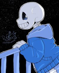  1boy 2023 2d artist_logo artist_name balcony blue_jacket blue_shorts dated digital_media from_side hood hood_down hooded_jacket humanoid ikkakutenma jacket male_focus male_only monster monster_boy night night_sky open_clothes open_jacket outline sans_(undertale) shirt skeleton sky solo star_(sky) striped_shorts teeth twitter_username undead undertale utdr_(toby_fox) vertical-striped_clothes vertical-striped_shorts white_outline white_shirt white_stripes 