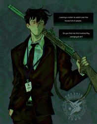  1boy assault_rifle belt black_coat black_eyes black_hair black_necktie black_vest coat collared_shirt commentary cowboy_shot crossover english_commentary english_text green_theme gun hand_in_pocket highres holding holding_gun holding_weapon id_card kim_dokja looking_to_the_side male_focus necktie no_i&#039;m_not_a_human omniscient_reader&#039;s_viewpoint over_shoulder parody rifle shirt short_hair solo vacation_town vest weapon weapon_over_shoulder white_shirt 