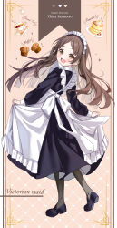  1girl alternate_costume apron black_dress black_pantyhose blush brown_eyes brown_hair character_name commentary_request copyright_name cup dress enmaided food full_body gakuen_idolmaster highres idolmaster kuramoto_beta-carotene kuramoto_china long_hair long_sleeves looking_at_viewer looking_back maid maid_apron maid_headdress mary_janes muffin open_mouth pancake pantyhose shoes skirt_hold smile solo spoon tea teacup teeth upper_teeth_only white_apron 