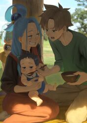  2boys 2girls aged_up alternate_costume aqua_(konosuba) asymmetrical_bangs baby bib black_shirt blue_hair blurry blurry_background blush bowl brown_hair character_doll child commentary_request contemporary doll dress family father_and_daughter father_and_son feeding forehead green_sweater grin hair_rings highres holding holding_bowl holding_spoon hugging_doll hugging_object husband_and_wife if_they_mated izawa_(bhive003) jealous kneeling kono_subarashii_sekai_ni_shukufuku_wo! looking_at_another mother_and_daughter mother_and_son multiple_boys multiple_girls orange_dress outdoors peeking_out pinafore_dress satou_kazuma shirt single_hair_ring sleeveless sleeveless_dress smile spoon sweater tears tree v-shaped_eyebrows vanir 