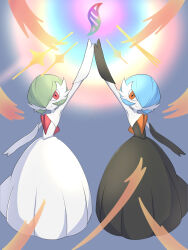  2girls alternate_color arm_at_side arm_up armpits black_dress black_gloves blue_hair bob_cut closed_mouth collarbone colored_skin commentary_request dress elbow_gloves flat_chest full_body gardevoir gloves green_hair hair_over_one_eye happy highres long_dress looking_at_viewer mega_evolution mega_evolution_symbol mega_gardevoir mega_pokemon multiple_girls one_eye_covered onion_kishi orange_eyes partial_commentary pokemon pokemon_(creature) red_eyes shiny_and_normal shiny_pokemon short_hair smile split_mouth standing strapless strapless_dress symmetry white_dress white_gloves white_skin 