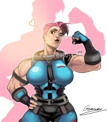  1girl absurdres armor artist_name asymmetrical_bangs belt biceps breasts detached_sleeves flexing groove1121 hand_on_own_hip head_tilt heart highres large_breasts lipstick looking_at_viewer makeup muscular muscular_female one_eye_closed overwatch pink_hair shadow short_hair shoulder_tattoo signature silhouette simple_background solo spoken_heart tattoo white_background zarya_(overwatch) 