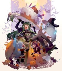 &gt;_&lt; 3girls bandages birthday_cake black_pantyhose blush broom broom_riding brown_hair cake candle candy climbing_ladder clothing_cutout commentary_request food green_hair grey_hair halloween halloween_costume hat headgear heart_cutout high_heels highres holding holding_tray kiritanpo_(food) ladder multiple_girls open_mouth oversized_object pantyhose pumpkin shirinda_fureiru tail touhoku_itako touhoku_kiritan touhoku_zunko tray utau voicepeak voiceroid voicevox wide-eyed witch_hat zombie_costume zundamon zundamon_(utau) 