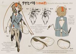  1other absurdres androgynous animal antennae back_cutout black_gloves blazer blue_coat brown_hair brown_pants brown_shoes bug business_suit claws close-up clothing_cutout coat coattails collared_jacket collared_shirt commentary_request dot_nose dress_pants dress_shoes english_text eye_of_senri favnvs_(s910a_ib6) from_behind full_body gloves grey_background half_gloves hand_on_own_arm hand_on_own_cheek hand_on_own_face happy headgear highres insect_wings jacket kokutenshi_hibaru lapels legs_apart len&#039;en looking_at_viewer mixed-language_text mosquito multiple_views necktie notched_lapels other_focus pants red_eyes red_necktie reference_sheet sharp_teeth shirt shoes short_hair shoulder_blades simple_background smile suit teeth translation_request transparent_wings upper_teeth_only white_shirt wings 