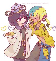  2girls aqua_hair black_dress black_hair black_pants blonde_hair blue_nails blue_pants blunt_bangs blush bob_cut canari_(pokemon) closed_mouth coat commentary_request crop_top cropped_jacket dark-skinned_female dark_skin dress feeding food fork gloves gwynn_(pokemon) hat heart heart-shaped_pupils highres holding holding_fork holding_plate jacket long_sleeves mask_pull mega_stone multicolored_hair multiple_girls open_clothes open_coat open_jacket open_mouth orenji_2 pants partially_fingerless_gloves plate pokemon pokemon_legends:_z-a purple_hair short_hair sleeves_past_wrists smile split-color_hair symbol-shaped_pupils twintails twitter_username two-tone_pants violet_eyes white_background white_coat yellow_nails yuri 