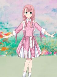  1girl 22/7 asymmetrical_bangs blunt_bangs boots closed_mouth dress feet_out_of_frame green_eyes highres kamiki_mikami long_hair looking_at_viewer outdoors outstretched_arms pink_dress pink_hair pink_ribbon ribbon smile solo spread_arms standing straight-on three-quarter_sleeves uwuvppeofftjdpl white_boots 