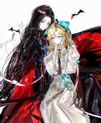  2girls :o absurdres aqua_bow aqua_eyes bandaged_hand bandages bat_(animal) black_hair black_shirt black_skirt blonde_hair bow cape closed_mouth dress grey_eyes hair_bow hands_on_own_cheeks hands_on_own_face highres long_dress long_hair long_skirt looking_at_viewer lorelei_(reverse:1999) multiple_girls red_cape reverse:1999 shirt sitting skirt smile valentina_(reverse:1999) very_long_hair weiyan_(nbnbmwnl) white_dress 