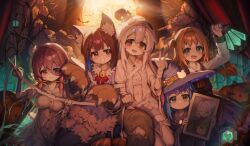  >_< +_+ 6+girls absurdres ahoge animal_ear_fluff animal_ears animal_hands ap04astral bandages bat_(animal) bell black_hair blue_hair breasts brown_eyes brown_hair c: closed_eyes cosplay fang gloves green_eyes grin hair_ornament halloween halloween_costume hat hat_belt highres holding holding_scissors holding_tablet_pc hozuki_kaede hozuki_momiji jack-o'-lantern large_breasts long_hair long_sleeves looking_at_viewer moon moonlight multiple_girls murosaki_miyo navel neck_bell nurse oka_asahi onii-chan_wa_oshimai! open_mouth oyama_mahiro oyama_mihari paw_gloves pink_hair pumpkin red_eyes scissors short_hair siblings sisters skin_fang smile stitched_face stitches tablet_pc tenkawa_nayuta w white_hair witch_hat 