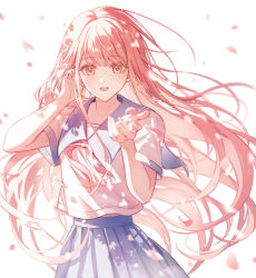  1girl :d blue_sailor_collar blue_skirt commission dappled_sunlight falling_petals floating_hair floating_neckwear hands_up highres long_hair looking_at_viewer midriff_peek miracle_nikki neckerchief nikki_(nikki) nikki_(series) petals pink_eyes pink_hair pink_neckerchief pink_petals pleated_skirt sailor_collar sailor_shirt school_uniform serafuku shirt shorts sidelighting simple_background skirt smile standing straight-on straight_hair summer_uniform sunlight tucking_hair upper_body very_long_hair white_background white_shirt wind yuhaw0v0 