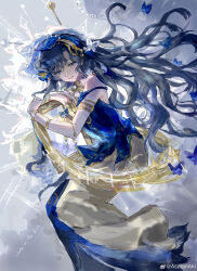  1girl absurdres armlet asagiriaki bare_shoulders black_hair blue_dress blue_veil closed_mouth dress evening_gown feet_out_of_frame floating_hair grey_background hair_ornament hand_up highres isolde_(reverse:1999) jewelry long_dress looking_at_viewer official_alternate_costume reverse:1999 sleeveless sleeveless_dress smile solo two-tone_dress veil violet_eyes watermark wavy_hair weibo_watermark white_dress 