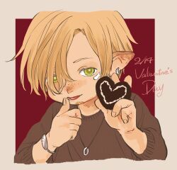  1boy ano_amesuke bracelet brown_sweater candy chocolate commentary dated earrings facial_mark final_fantasy final_fantasy_xiv food freckles goat hair_over_one_eye heart heart-shaped_chocolate heart-shaped_food jewelry lalafell male_focus necklace ring ring_necklace solo sweater symbol-only_commentary valentine warrior_of_light_(ff14) wiping_mouth 