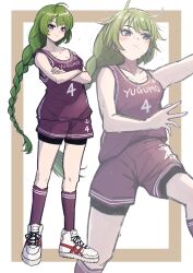  1girl absurdres ahoge basketball_jersey basketball_shorts basketball_uniform bike_shorts bike_shorts_under_shorts blue_eyes blunt_bangs braid character_name crossed_arms green_hair highres kantai_collection ld_(luna_dial398) long_hair looking_at_viewer mole mole_under_mouth multiple_views purple_shirt purple_shorts purple_socks shirt shoes shorts single_braid sleeveless sleeveless_shirt socks sportswear standing white_shoes yuugumo_(kancolle) zoom_layer 