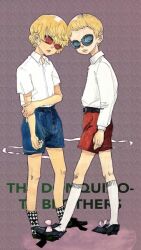  2boys aged_down black_shoes blonde_hair blue_shorts bow brothers child collared_shirt donquixote_doflamingo donquixote_rocinante eyes_visible_through_eyewear footwear_bow looking_at_viewer male_focus multiple_boys one_piece red_shorts shirt shoes short_hair shorts siblings socks sunglasses tutugui two-tone_socks white_shirt white_socks 