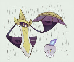  aegislash arm_behind_back blue_fire commentary_request fire full_body holding holding_shield litwick no_humans one-eyed one_eye_covered open_mouth pokemon pokemon_(creature) pokemon_focus rain shield shielding_another_from_rain shiwo_(siwosi) single_tear wet 