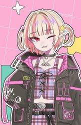  1girl ;d arm_belt belt belt_buckle black_belt black_collar black_jacket blunt_bangs blush buckle caution chain chain_necklace clothes_writing collar collarbone colored_inner_hair crop_top cross-laced_clothes cross-laced_top ear_cuffs fang grey_hair grid_background hair_bobbles hair_intakes hair_ornament hand_in_pocket jacket jewelry looking_at_viewer loose_belt makaino_ririmu makaino_ririmu_(6th_costume) midriff multicolored_hair multiple_belts navel necklace nijisanji no_headwear one_eye_closed open_clothes open_jacket parted_lips pendant pink_background pink_belt pink_hair pink_jacket pink_skirt pink_streaks plaid_clothes plaid_skirt pleated_skirt pointy_ears red_eyes rrrrrrockun short_hair skirt smile solo spiked_collar spikes standing star_(symbol) star_hair_ornament streaked_hair studded_belt twitter_username two-sided_fabric two-sided_jacket two-tone_hair two_side_up unbuttoned unzipped upper_body virtual_youtuber wolf_cut 