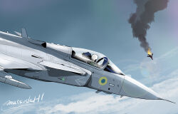  aircraft airplane artist_name burning fighter_jet fire flying helmet matsuda_juukou military military_vehicle missile original pilot pilot_helmet saab_gripen sky smoke smoke_trail sun_glare 