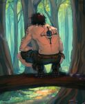  1boy a_phu arm_tattoo back_tattoo black_hair forest from_behind highres male_focus nature one_piece portgas_d._ace solo squatting tattoo topless_male 
